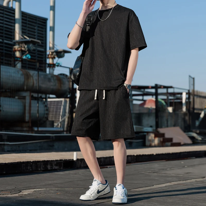 

Summer Sportswear Set for Men Thin Ice Silk ort Sve T-irt Casual Two-Piece Trendy Ice Silk Polyester Fiber Five orts