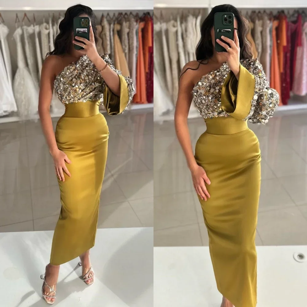 

Yipeisha Exquisite One-shoulder Sheath Anke Length Evening Rhinestone Customized Luxury Evening Dress High quality Casual