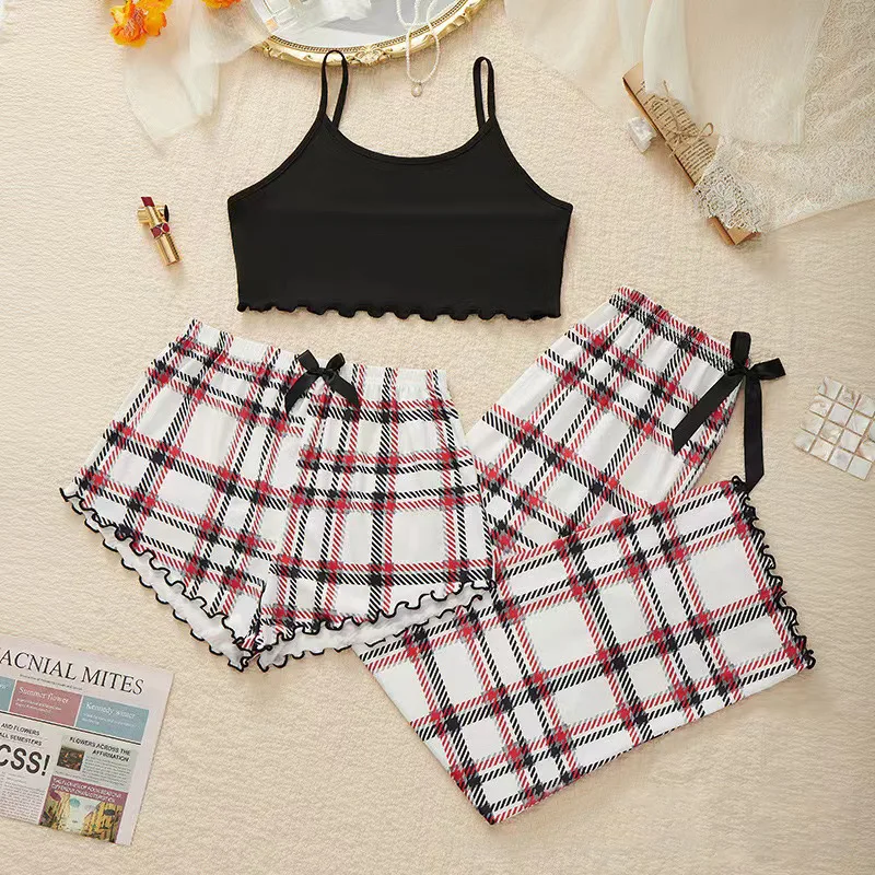 Women's Three Piece Checkered Pajamas Set Home Wear Sweet Style Summer No Sleeve V-Neck Leopard Pattern Other Material 100%