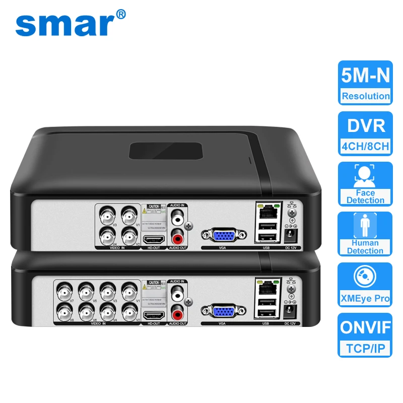 Smar H.265 4CH/8CH CCTV DVR 5M-N 5 en 1 AHD CVI TVI CVBS Caméra IP Enregistreur vidéo numérique hybride Système de sécurité domestique Onvif NVR