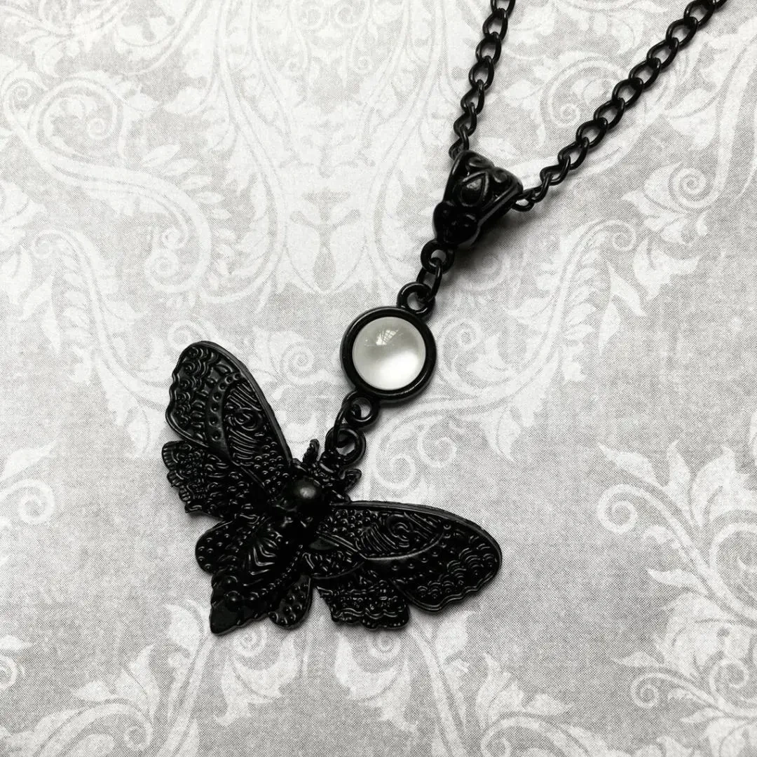 Black Death\'s Head Hawk Moth Necklace, Open Wings, Gothic Jewelry, Creepy Cute, Insect Jewelry, Halloween, Full Moon, Gift