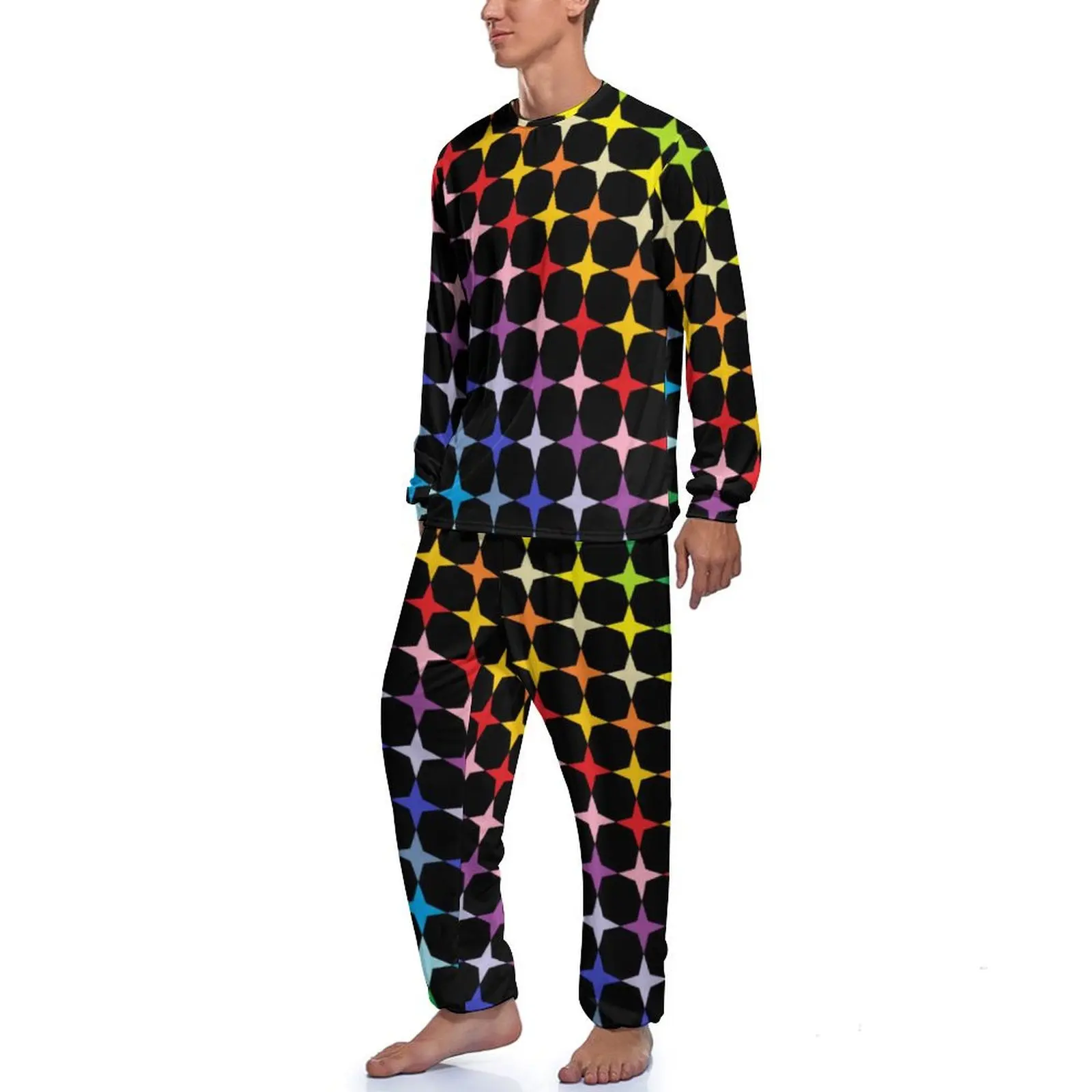 Funny Rainbow Pajamas Four Points Stars Men Long Sleeve Kawaii Pajamas Set Two Piece Casual Autumn Pattern Sleepwear Gift Idea