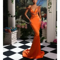 Orange Sexy Off Shoulder Crystal Prom Dresses Sequins Mermaid Satin Simple Evening Gowns Custom Made Robe De Soirée