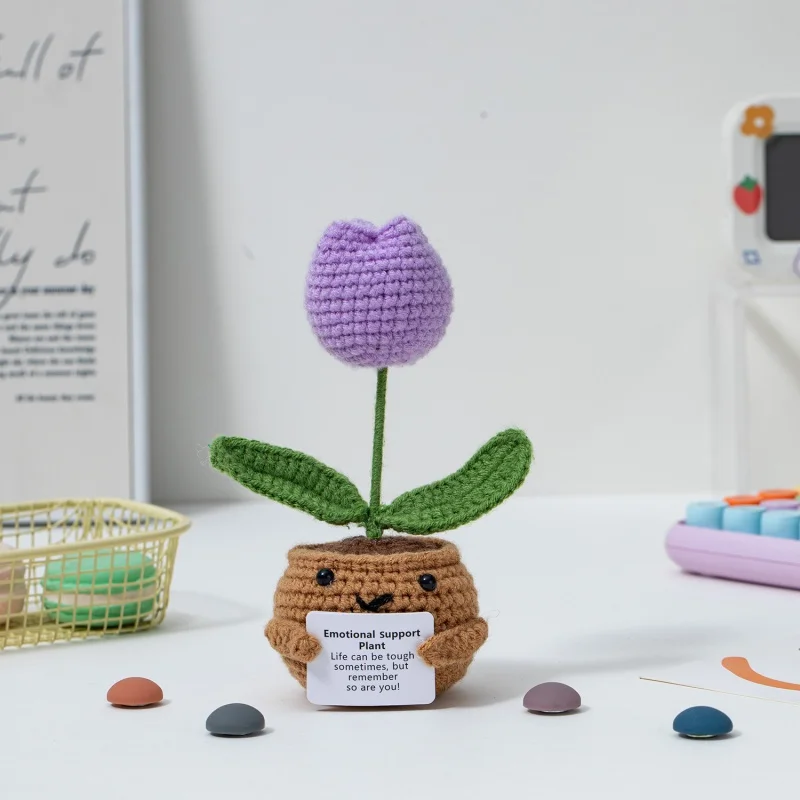 Mini Finished Crochet Roses Roses Sunflowers Tulip Potted Emotional Support Stuffed Plants Home Table Car Interior Decor