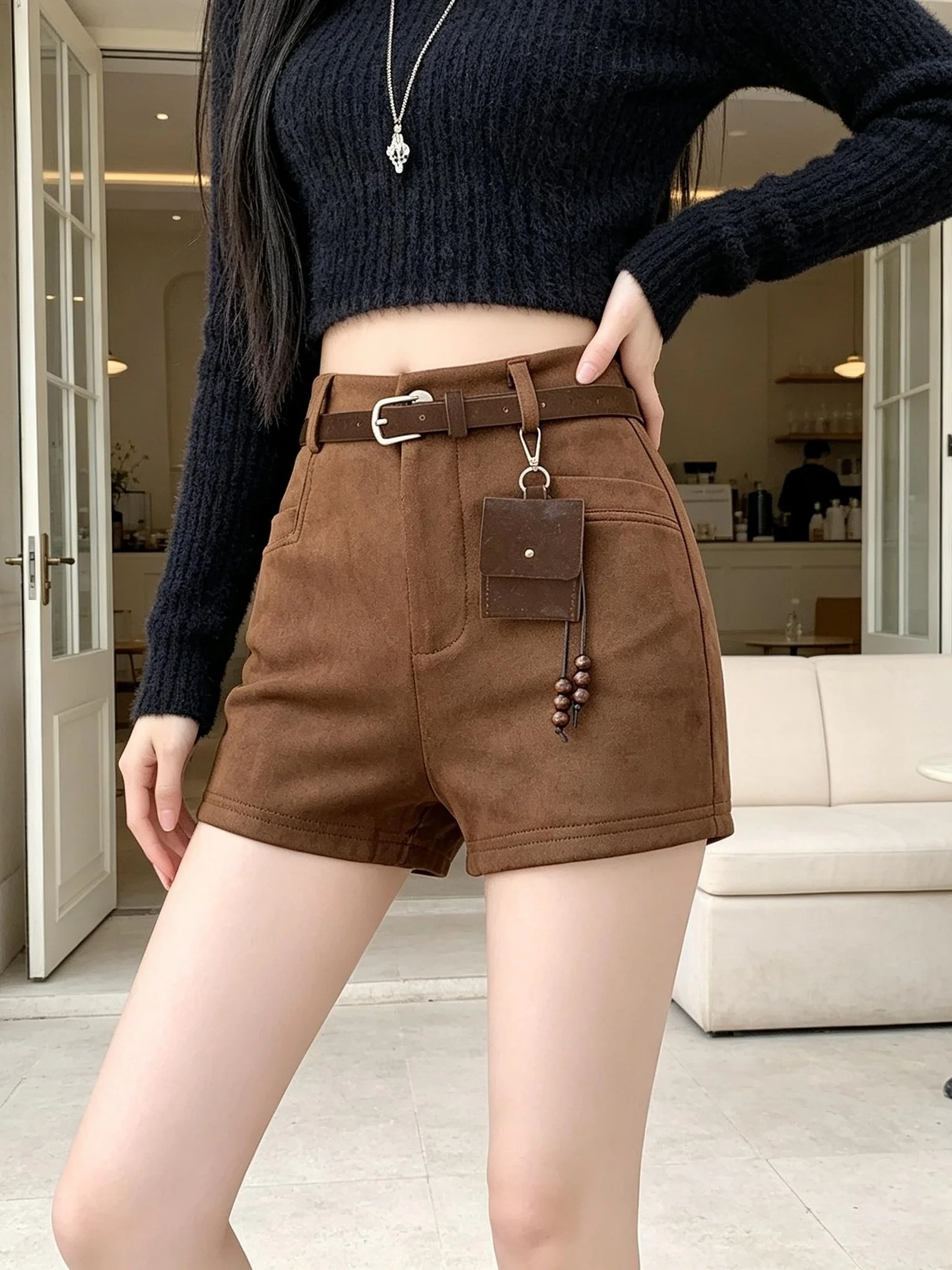 Caramel Deer Suede Ultra Shorts Women's Outerwear Boot Pants Hot Girl Style High Waist Wide Leg Casual Pants Autumn New