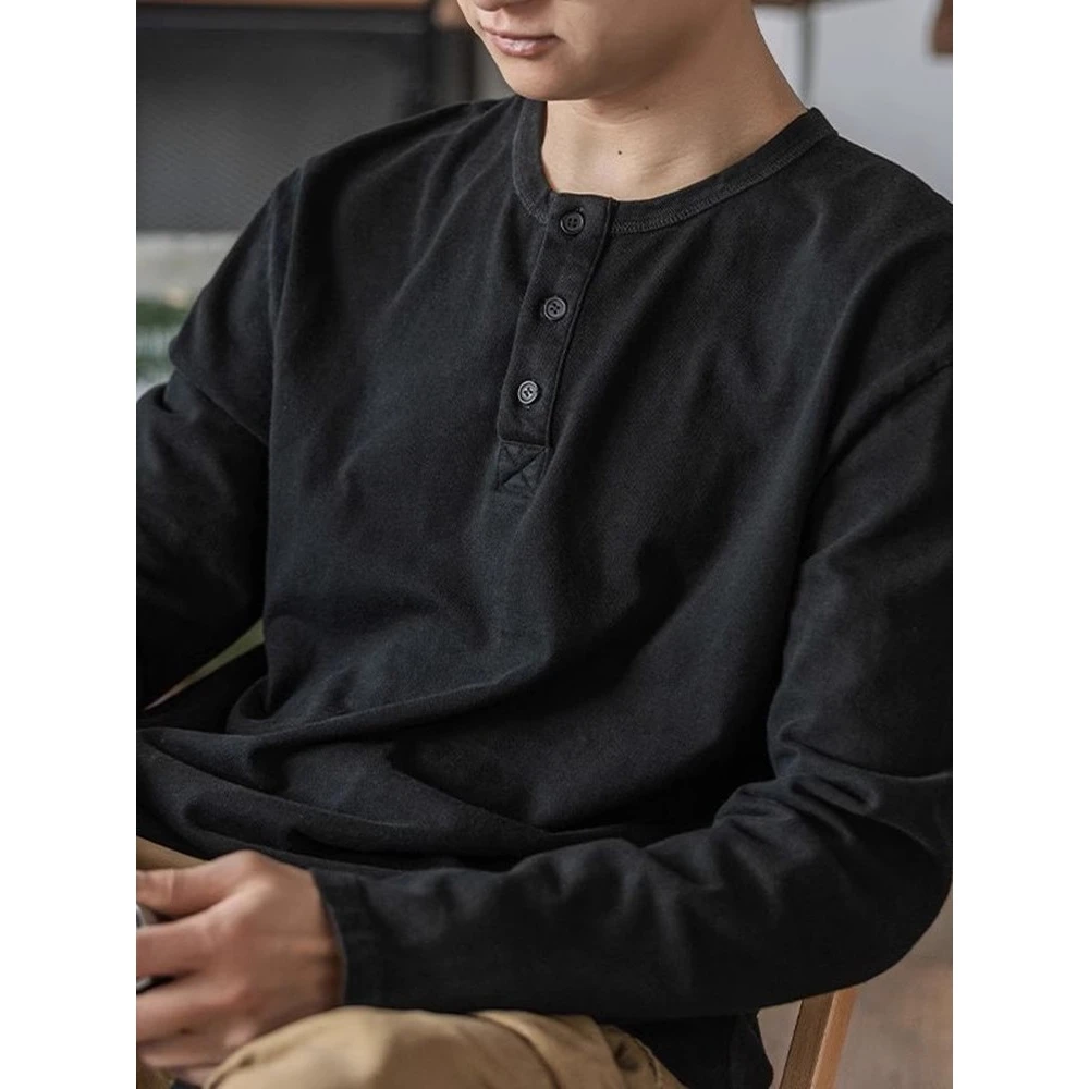 قميص هنري أمريكي كبير الحجم بوزن 300 رطل بأكمام طويلة وياقة فضفاضة للرجال، طبقة أساسية متعددة الاستخدامات للخريف #2