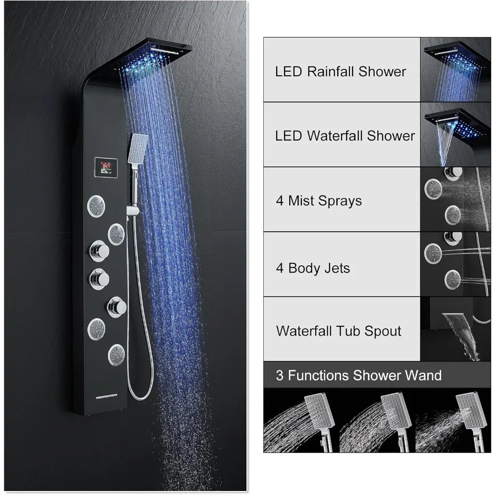 ROVATE 6-in-1 LED Rainfall Waterfall Shower Panel Tower System with 2-Mode Powerful Body Jets, Multi-function Stainless Steel