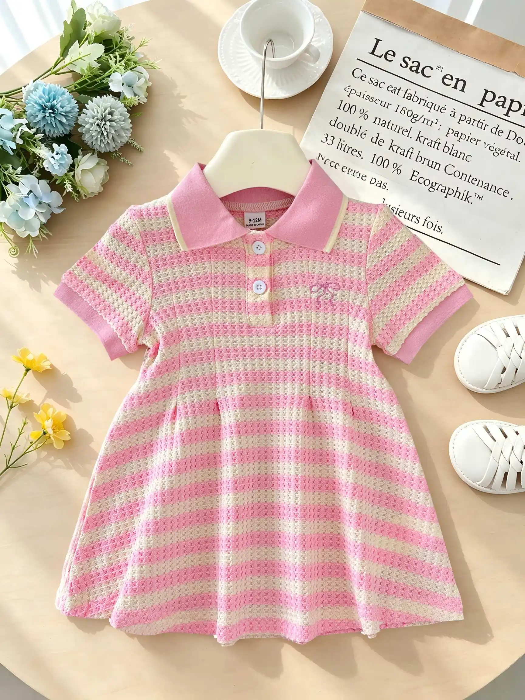 Baby Girl Striped Polo Dress for Summer - New Style. Sweet Short-Sleeved V-Neck Casual Princess Dress.