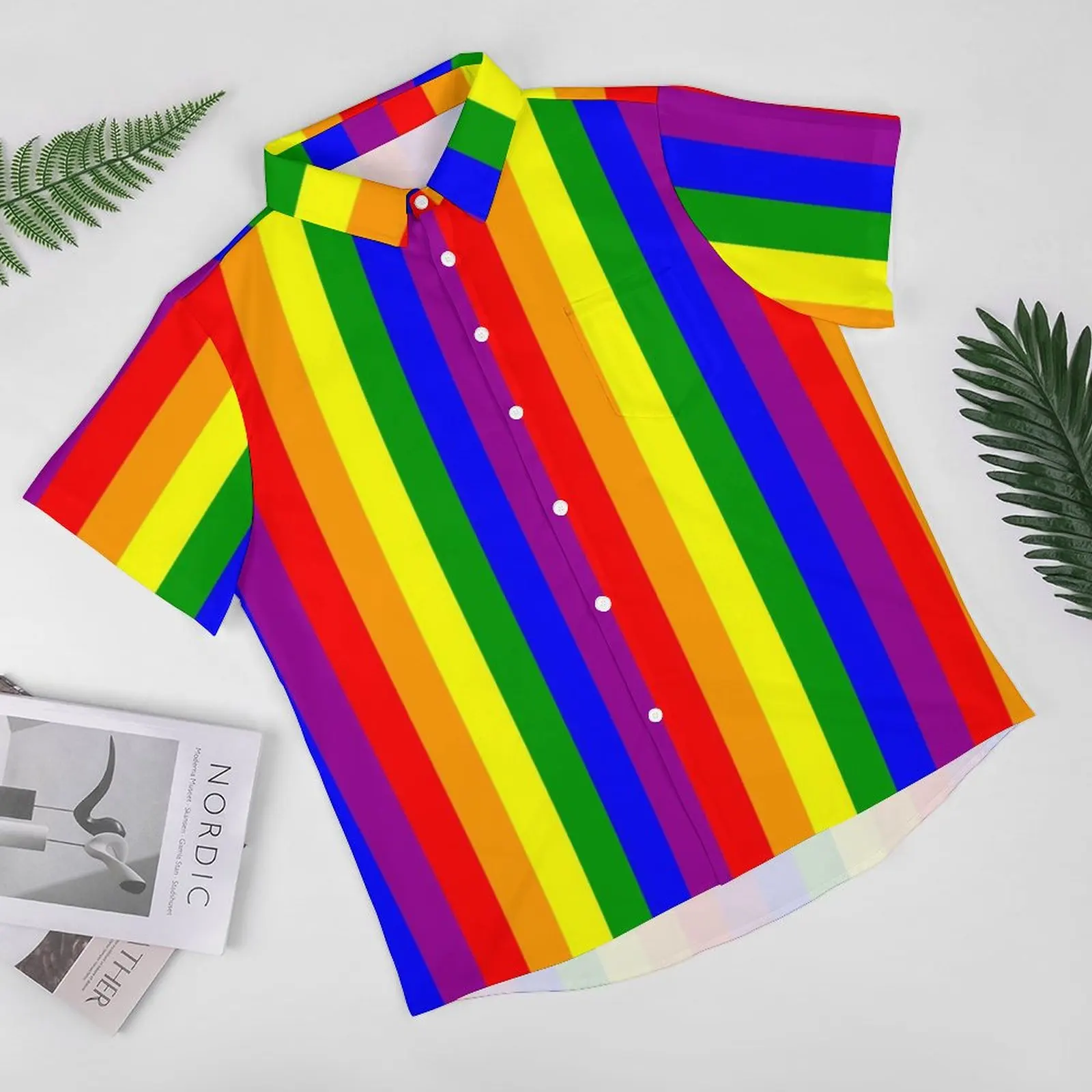 Rainbow Striped Shirt Mens Pride Celebration Casual Shirts Summer Print Blouses Short Sleeves Y2K Oversize Gift