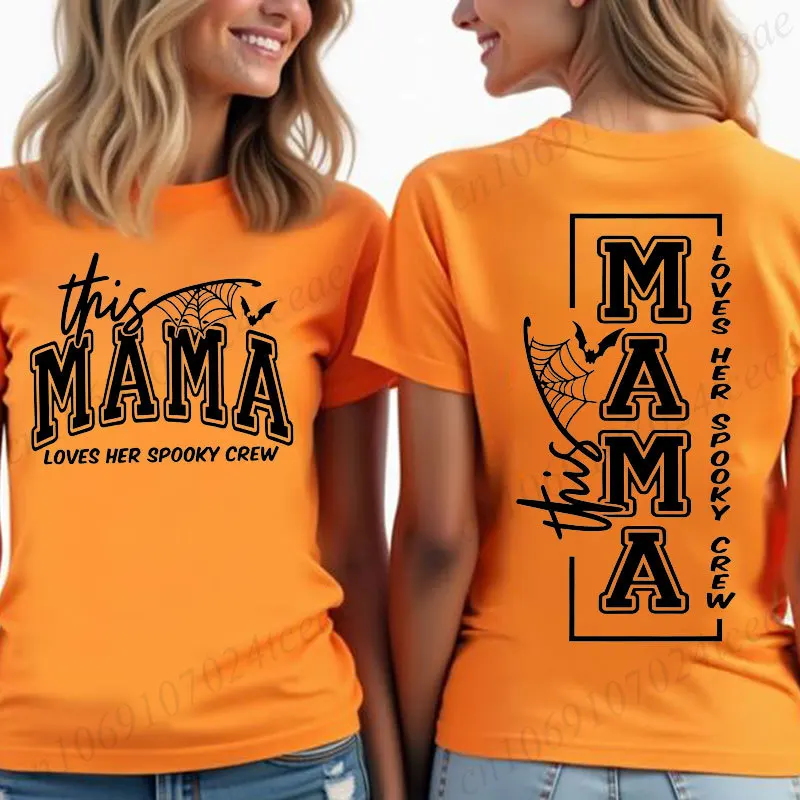 This Mama Loves Her Spooky Crew T‑Shirt Women Halloween Print Tee Spider Bat Graphic Tops Halloween Party Mom Streetwear Tshirt