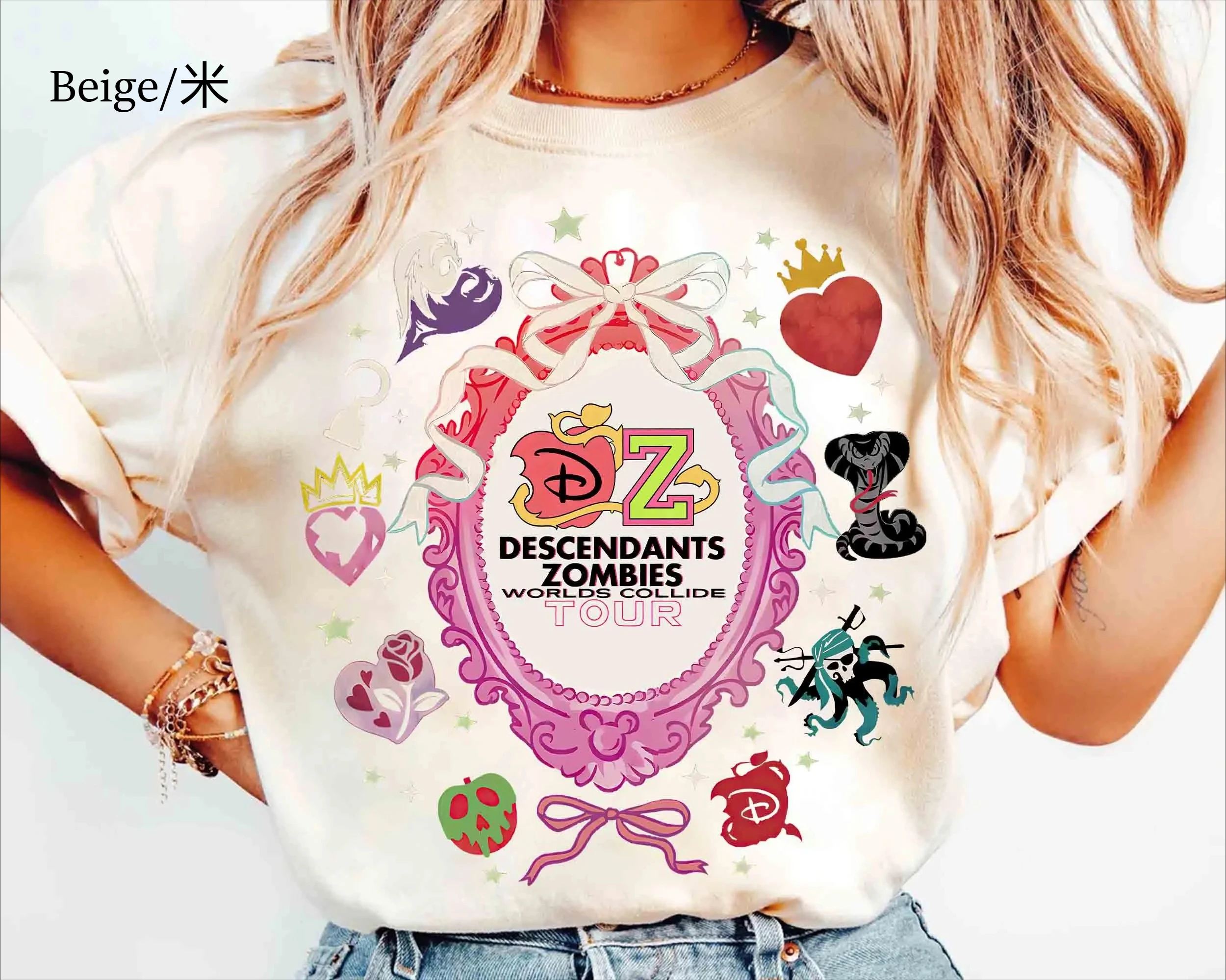 كوكيت القوس أحفاد الزومبي جولة حول العالم تي شيرت على شكل قلب ديزني صعود الشخصيات الحمراء أحفاد الحفل