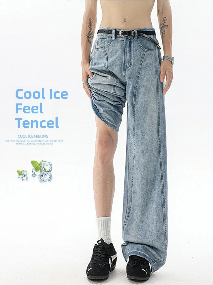 

Ice Silk Men's Jeans Loose Fit Thin Summer Straight Leg Wide Leg Pants Drapey Feel High Street Sle Casual Loose Fit Jeans