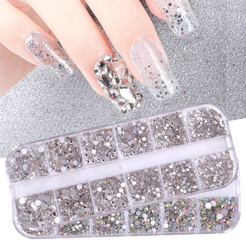 750Pcs Multi-size AB Crystal Nail Rhinestones Flat Bottom Crystal Clear Diamond Gems Nail Art Decorations DIY With Tweezers Pen