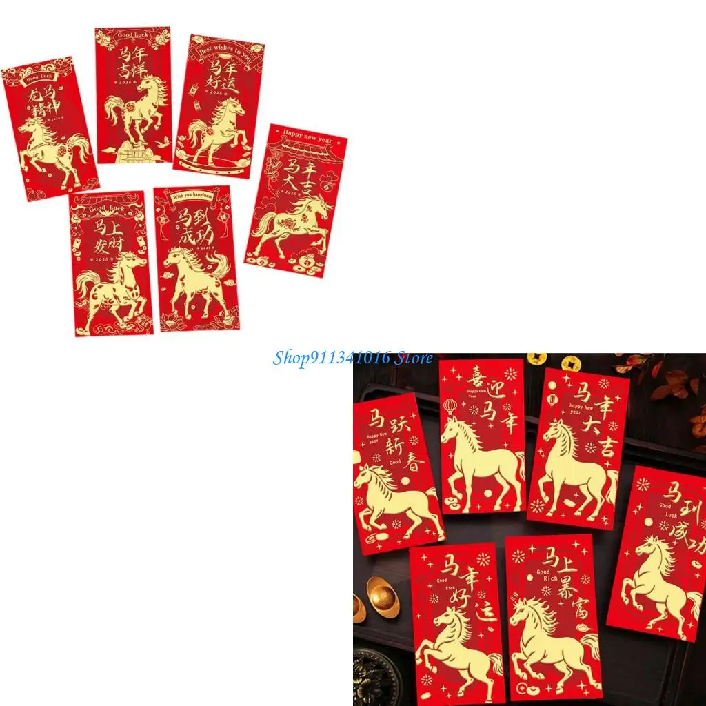 

6Pcs 2026 Horse Year Red Envelopes Lucky Money Pocket Blessing Red Envelope