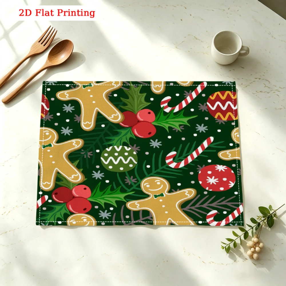 Christmas Gingerbread Man Placemat Holly Berry Candy Cane Print Kitchen Dining Decor Non Slip Heat Resistant 30X40Cm