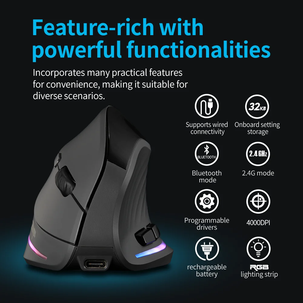 Lefon 2.4G 인체공학적 무선 마우스 PC 노트북 MacOS Office F35C/F35B/F35 모델용 충전식 수직 마우스 게이밍 마우스 버티컬 마 전면 이미지