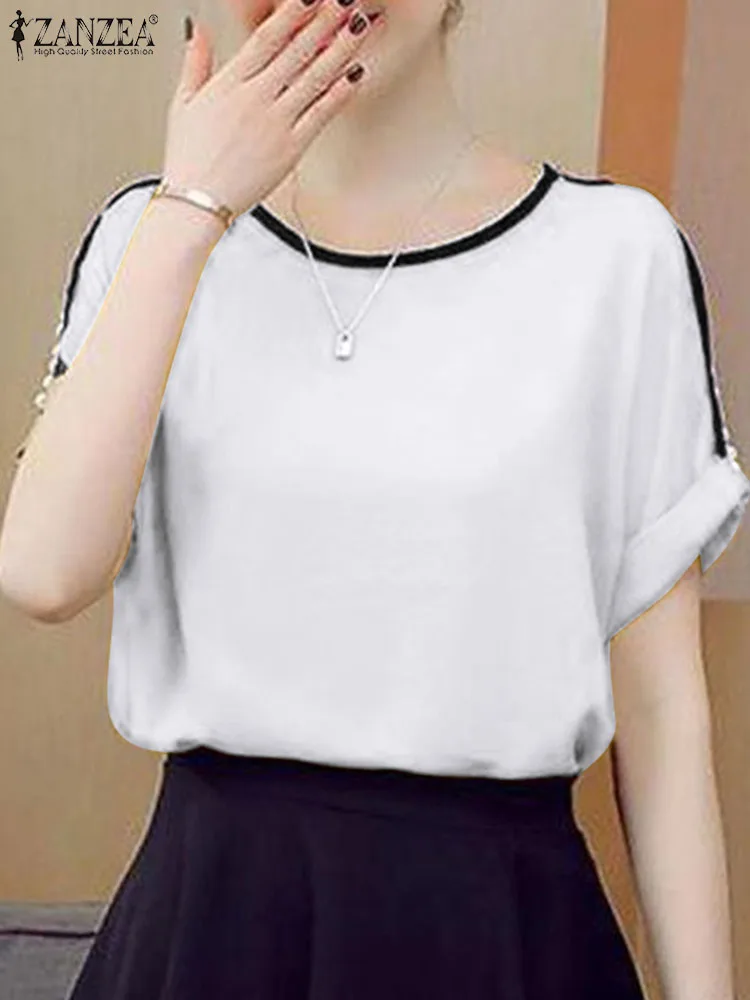 Women Round Neck Basic Tops ZANZEA Tunic 2024 Summer Patchwork Blouse Elegant Short Sleeve Shirt Korean Casual Solid Lady Blusas