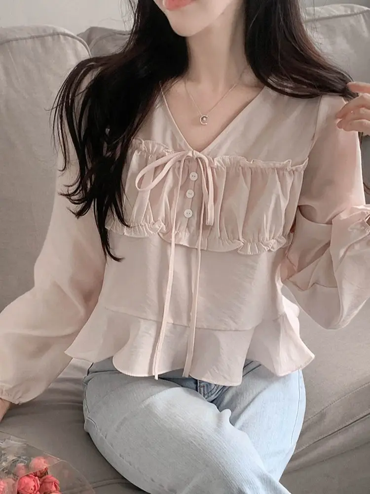 

Women's Casual Sle irt Pleated Hem Waist-Cinching Straight V-Ne Long Sve Polyester Fiber No Brand Spring Season