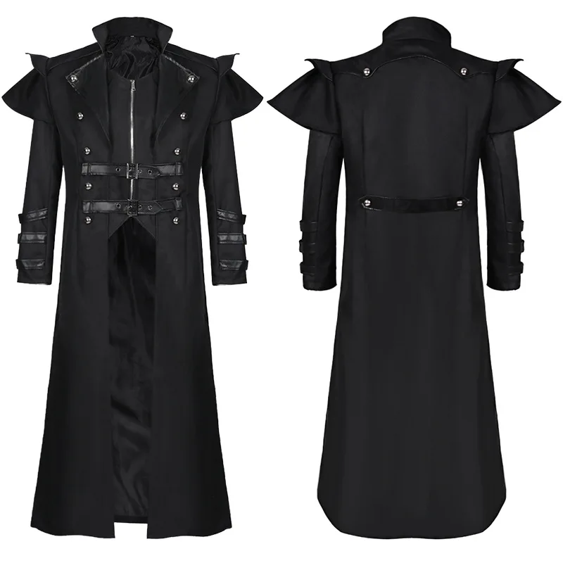 Halloween Medieval Vintage Long Black Jacket Men Clothes Gothic Steampunk Costume Punk Trench Oversize Retro Warrior Knight Coat