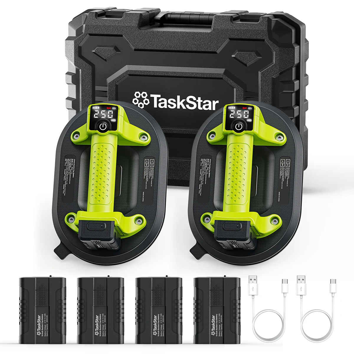 TaskStar 2er-Pack Elektrische Saugnäpfe für Glas- und Fliesenheben, 250 kg Schwerlastkapazität, 10-Zoll Handgehaltener Fliesen-Vakuumheber mit 4 3000mAh Batterien