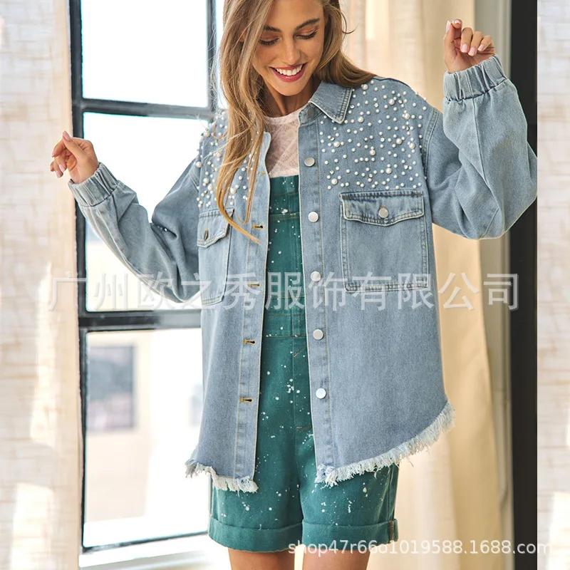 Women's Autumn Spring Top Coat Shirt Denim Lapel Fringe Pearl Pocket Retro Simple Casual Design Fashion Niche Versatile Skinny