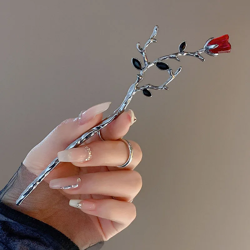 빈티지 장미 머리 스틱 중국어 간단한 검은 빨간 장미 꽃 머리 젓가락 머리핀 디스크 스틱 hairclips 여성 쥬얼리