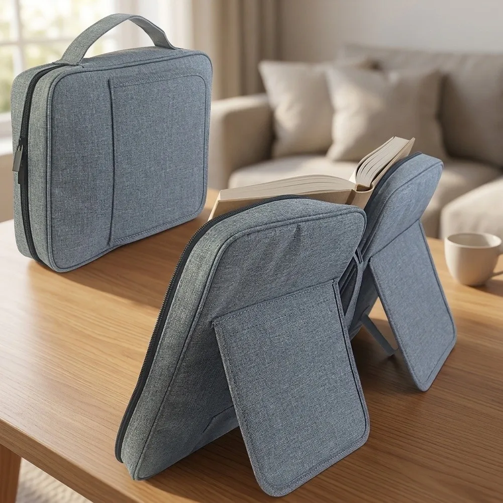 Gray Pink Portable Book Bag With Stand Multi Pocket Handheld Storage Case For Reading Travel School Supplies Fabric Organizer