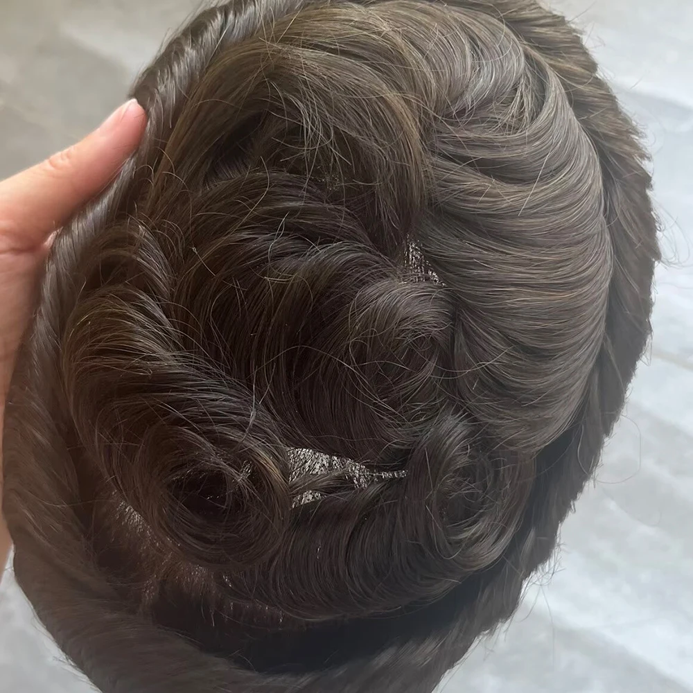 Natürlicher Haaransatz, langlebiges, feines Mono-NPU-Spitzen-Toupet für Männer, Braun, Blond, Schwarz, Haarersatz aus Echthaar, Herrenperücke, Haarteil für Glatze – Detail 4