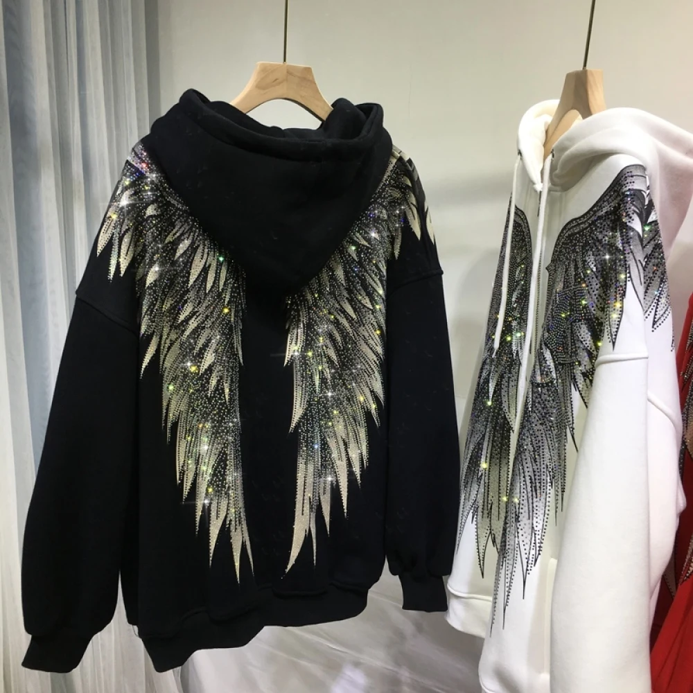 Plus Size XL-4XL Luxury Diamond Stamping Wings Women Hoodies American Street Cool Trendy Hoody Cardigan Autumn Winter Coats