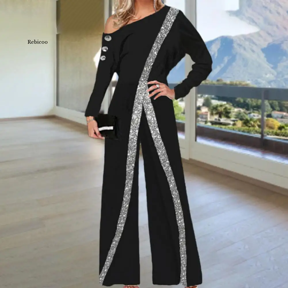 Jumpsuit Fashion Wanita Jumpsuit Payet Bergaris Dekoratif Romper Trendi Tekstur Lembut Longgar