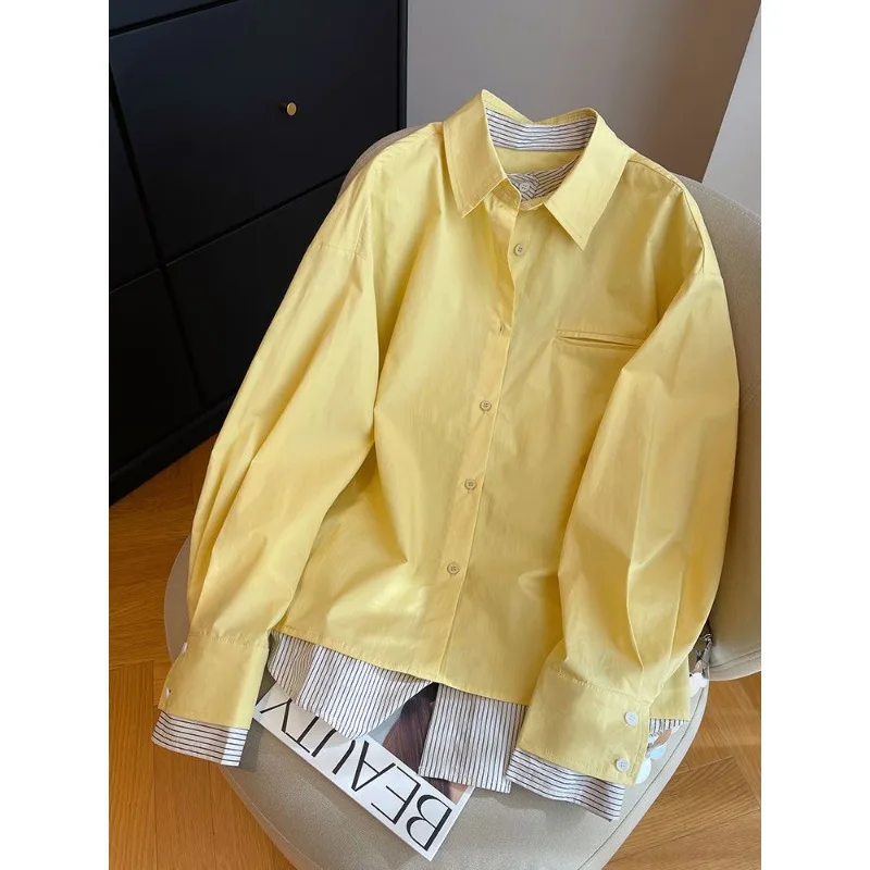 

Fashion Striped Fake Two-piece Simple Long-sleeved Shirt for Women Autumn New Loose Design Button Splicing Cardigan