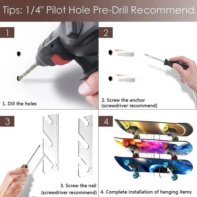 Soporte de pared acrílico para monopatín, perchas horizontales de 3 niveles para Snowboard, Longboard, monopatín, almacenamiento, ahorro de espacio en la pared