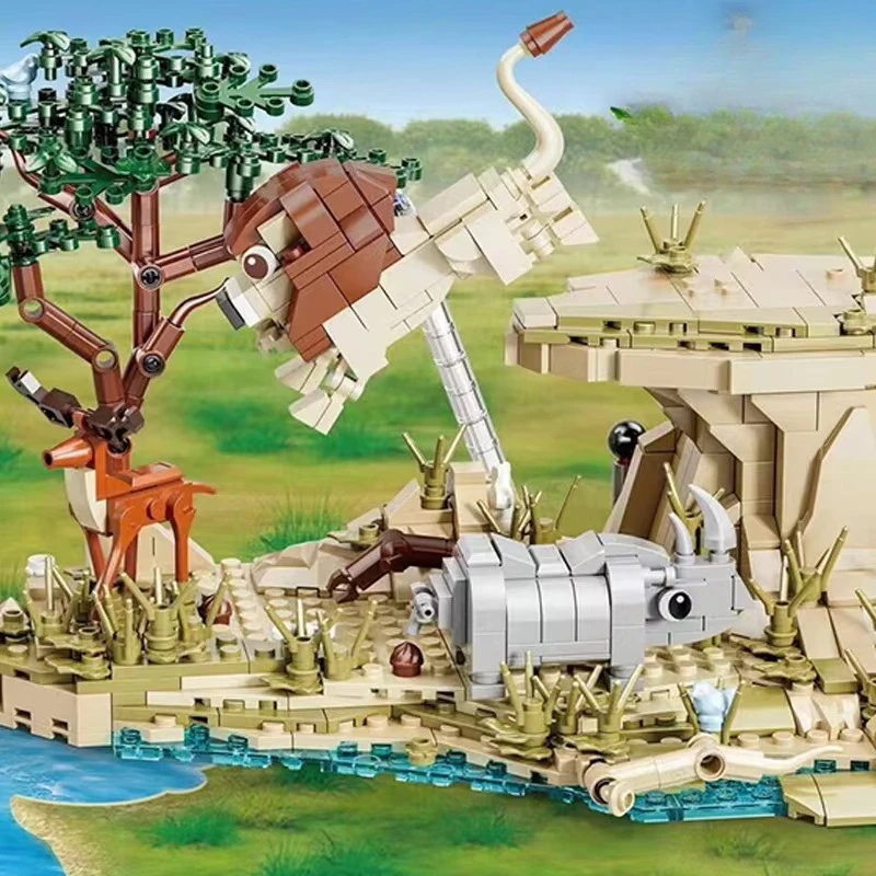 Moc oceano deserto africano pastagem leão rinoceronte veados blocos de construção conjunto bonito zoológico animal brinquedos para crianças presentes do feriado aniversário