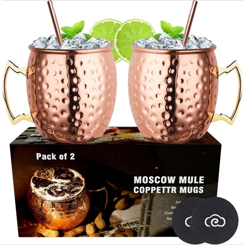 

Moscow Mule Copper Mugs Set of 2, Copper Cups 19.5 Oz Cocktail Kit with Straw Coaster