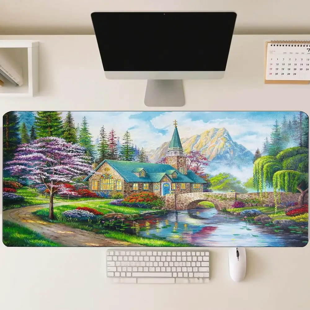 Oil Painting Landscape Large Extended Mouse Pad Non-Slip Rubber Stitched Edges Print Desk Mat for Gaming Setup Office Laptop
