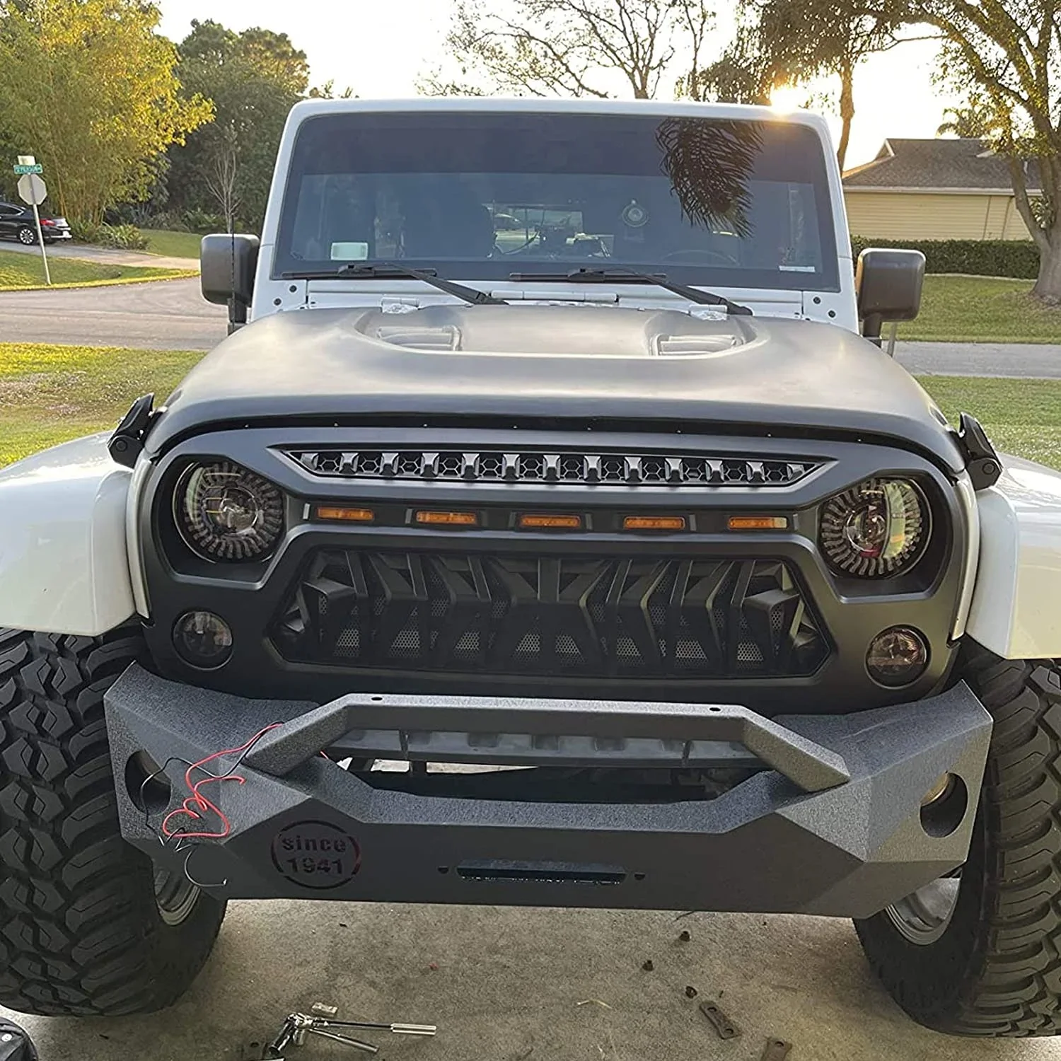 Grill for Jeep Wrangler JK Accessories 2007-2017 Matte Black Angry Face Grill with 5 Amber Lights for Jeep Rubicon Sahara Sport