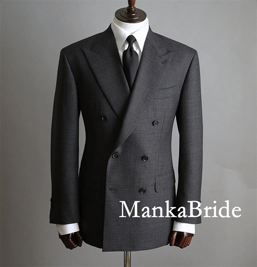 Double Breasted Dark Grey Plaid Men\'s Suit for Wedding Groom Tuxedo Blazer Pants Set Business Office Formal Male Suit Costume