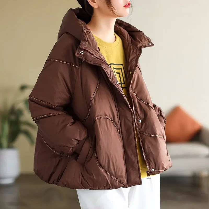 2023 Autumn Winter New Korea Fashion Women Long Sleeve  White Duck Down Short Coats Thicken Warm Hooded Casual Down Coat C996