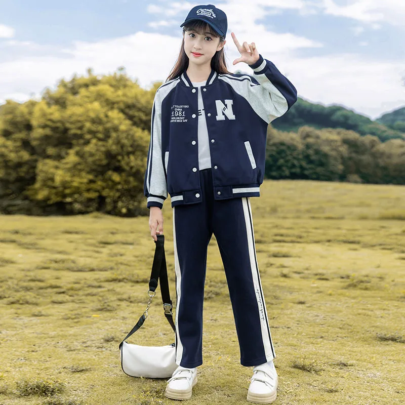 Korean Spring Autumn School Girl Baseball Suit Teenager Girl Contrast Striped Coat+Sweatpants Child Jogger Workout Set 5-14Yrs