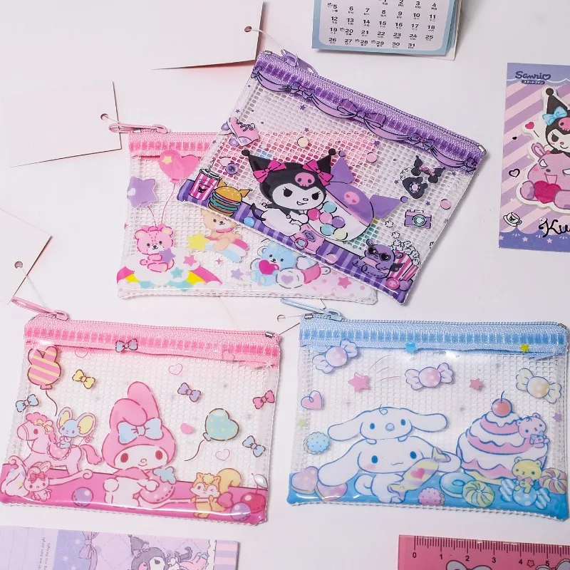 Hello Kitty Transparent Mesh Bag Student Exam Paper Storage Book Zipper Archive Folder Data Bag Cute Office Stationery Wholesale