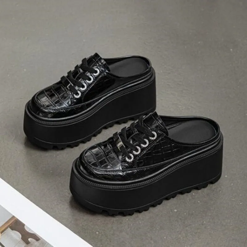 2026 High quality 8cm Patent Genuine Leather Women Slipper Sandals High Brand Fashion Platform Wedge Flats Summer Lace-Up Shoes