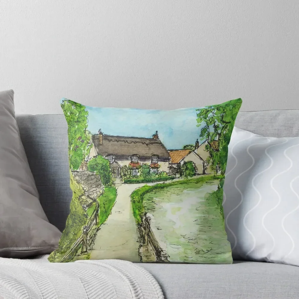 Pretty Thatched Cottage in Thornton-le-Dale - Ink and Watercolour Throw Pillow Sofa Covers pillow