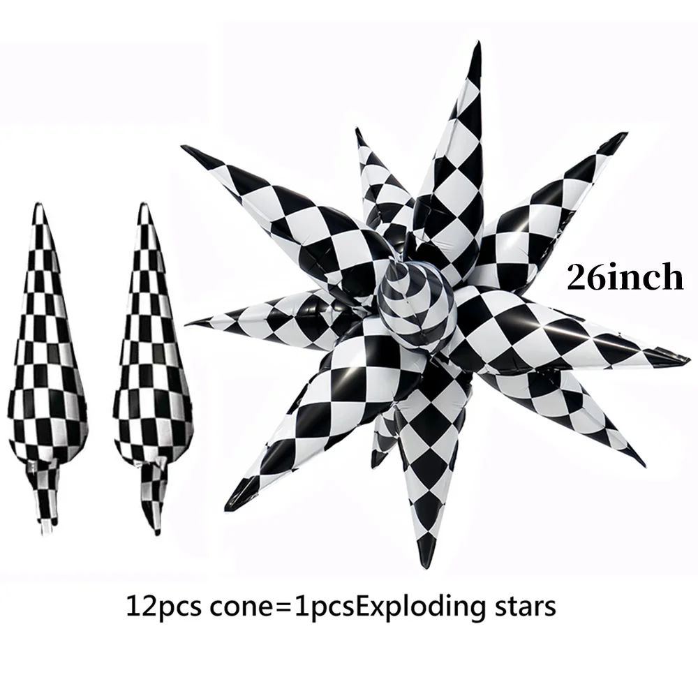 Black White Checkered Explosion Pointed Star Foil Balloons 4D Checkered Racing Balloons Race Car Theme Birthday Party Supplies