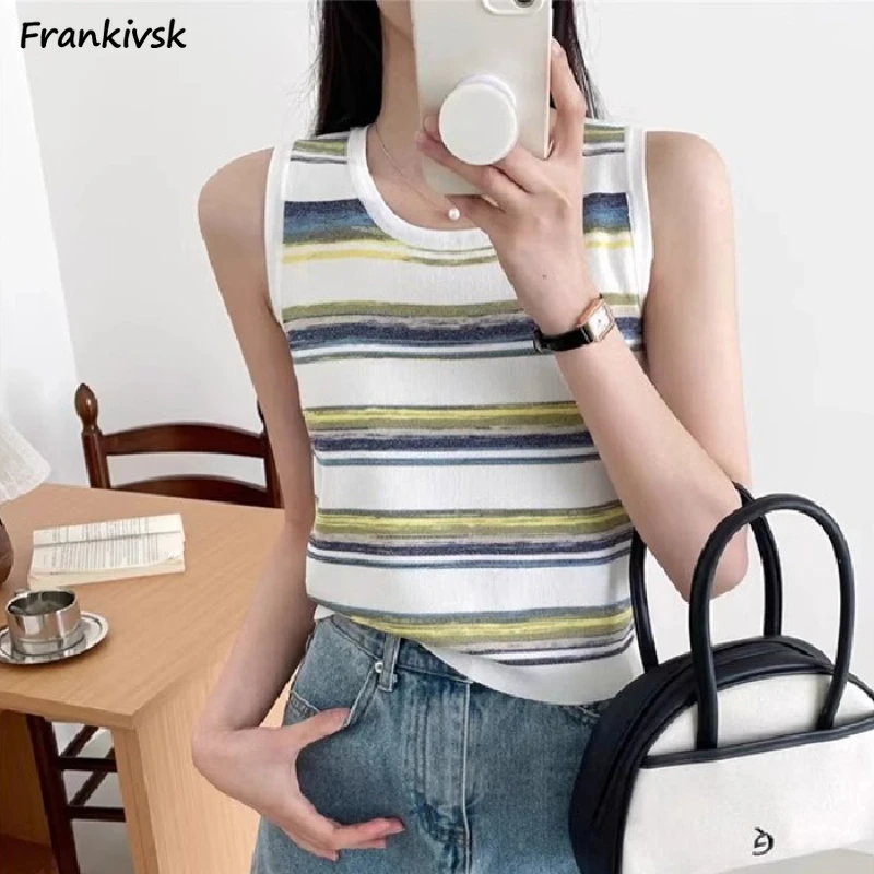 Design Loose Women Tanks O-neck Summer Sleeveless All-match Harajuku Japanese Style Striped Beach Tees Slouchy Classical Leisure