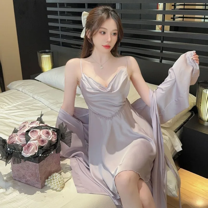 Suspender Nightdress Women Summer Elegant Loungewear with Chest Pad Swing Collar Nightgowns Ladies Sexy Design Nightdress Female