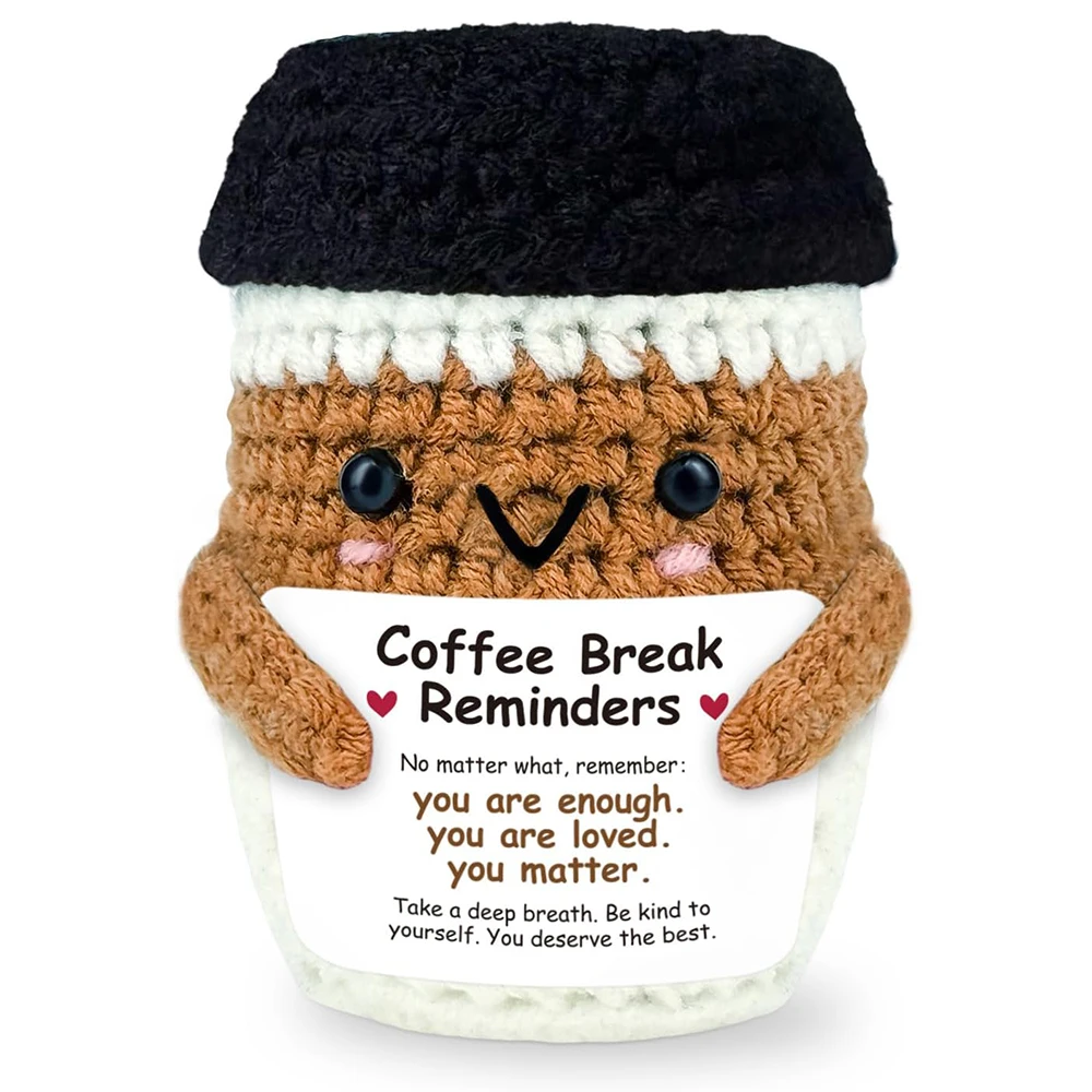 Poupée tricotée à la main amusante et énergisante, support de tasse de café, décoration émotionnelle pour la maison, cadeau d'anniversaire ou de Noël