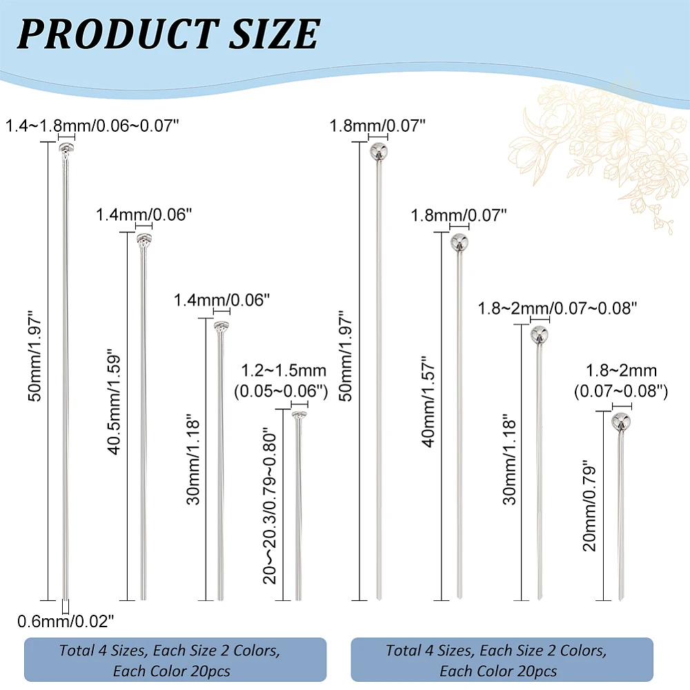 320pcs 4 Sizes Ball Head Flat Head Pins Jewelry Making Pins 20/30/40/50mm Headpins 22G Bendable Pin Golden/Stainless Steel Color