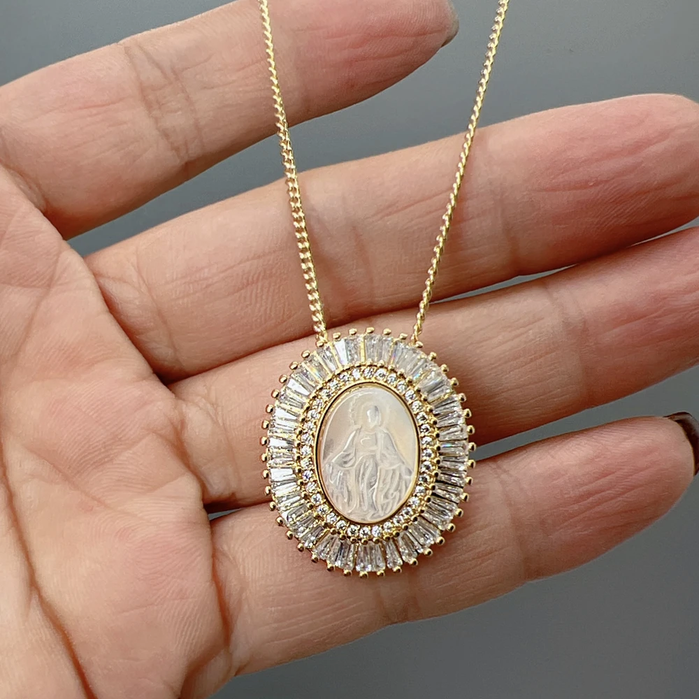 

Luxury Religious Virgin Mary Necklace For Women Shining Zircon Crystal Sea Shell Medal Pendant Necklace Prayer Memorial Jewelry