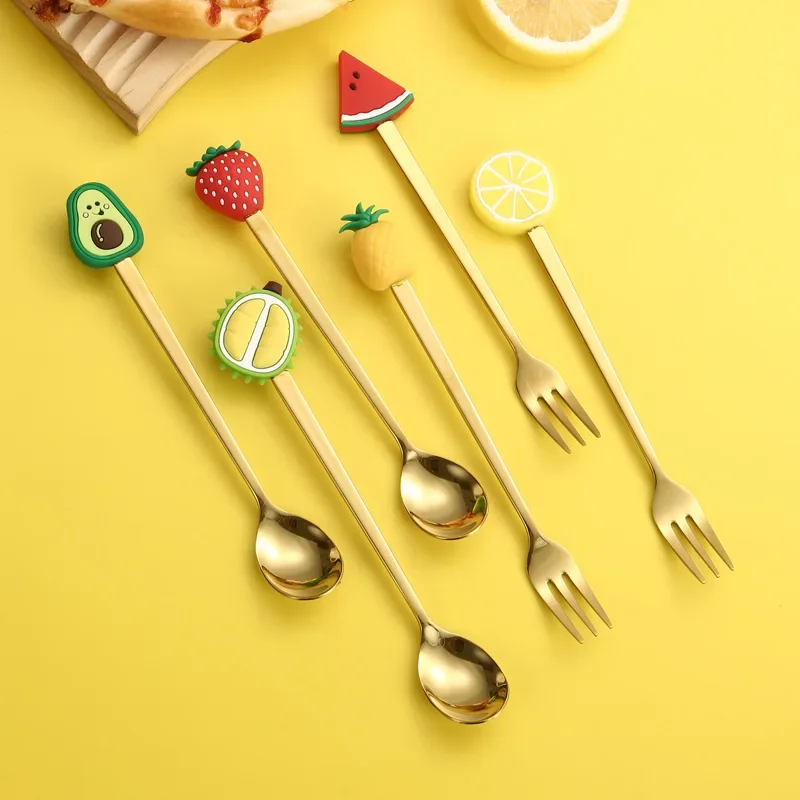 

6pcs Cutlery Set Lemon Strawberry Spoon Forks Teaspoon Fruit Fork Milk Coffee Stirring Spoons Dessert Cake Tools Cutlery Gift