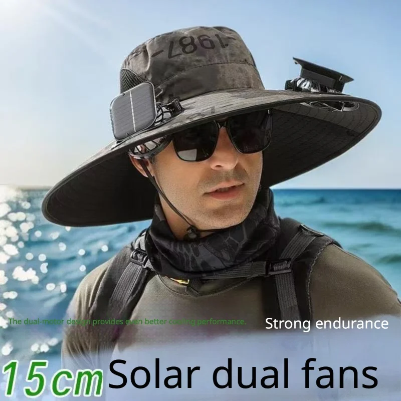 Solar 3 Fan Fishing Hat, 15cm Extra Wide Brim Sun Hat with Steel Rim, USB Rechargeable Solar Powered Cooling Bucket Hat